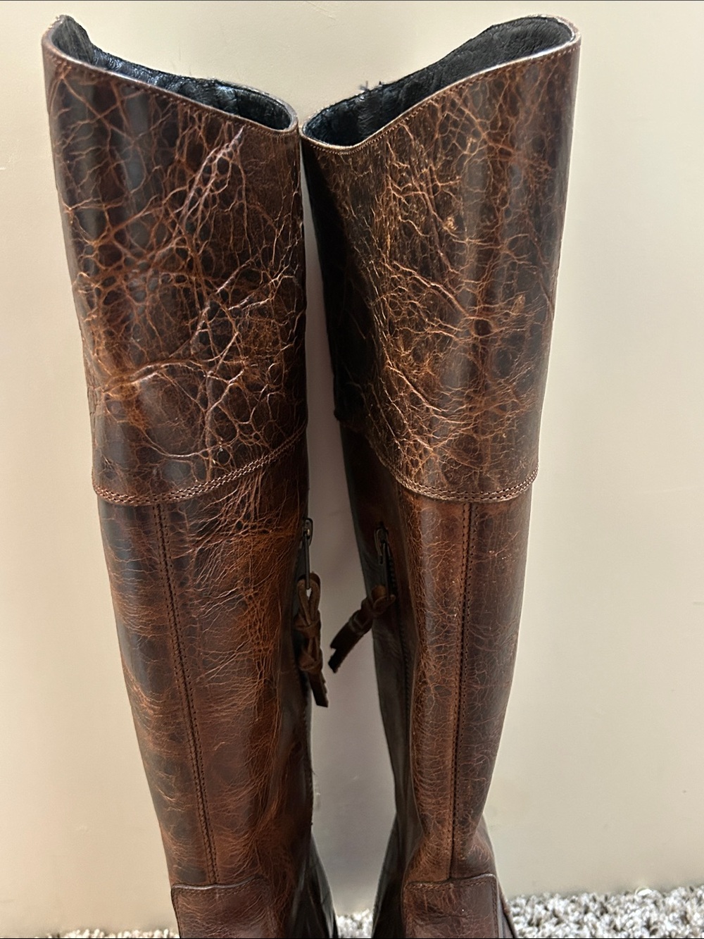 Lucchese Distressed Brown Leather Tall Zip Riding Boots - Picture 7 of 11